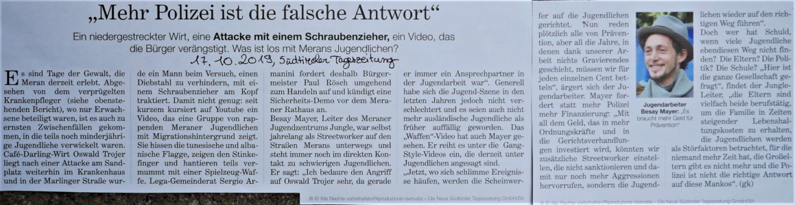 20191017 - Tageszeitung - Jugend in Meran - Besay Mayer